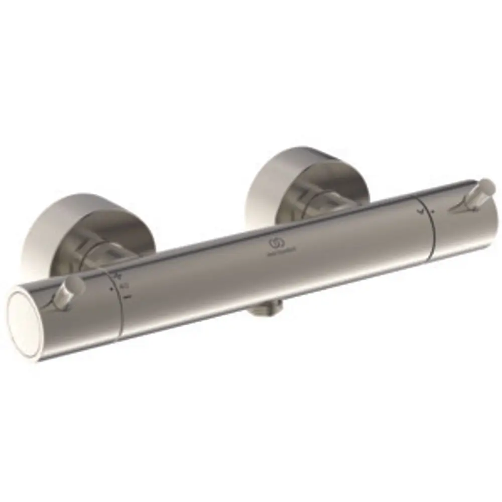 Brausethermostat mit zwei Pin-Griffen, chromfarbener Oberfläche. Modell von Ideal Standard, geeignet für die Wandmontage und zur Regulierung der Wassertemperatur.